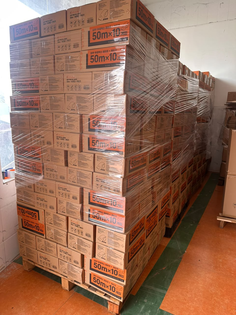 Wrapped pallets of packing tape cartons